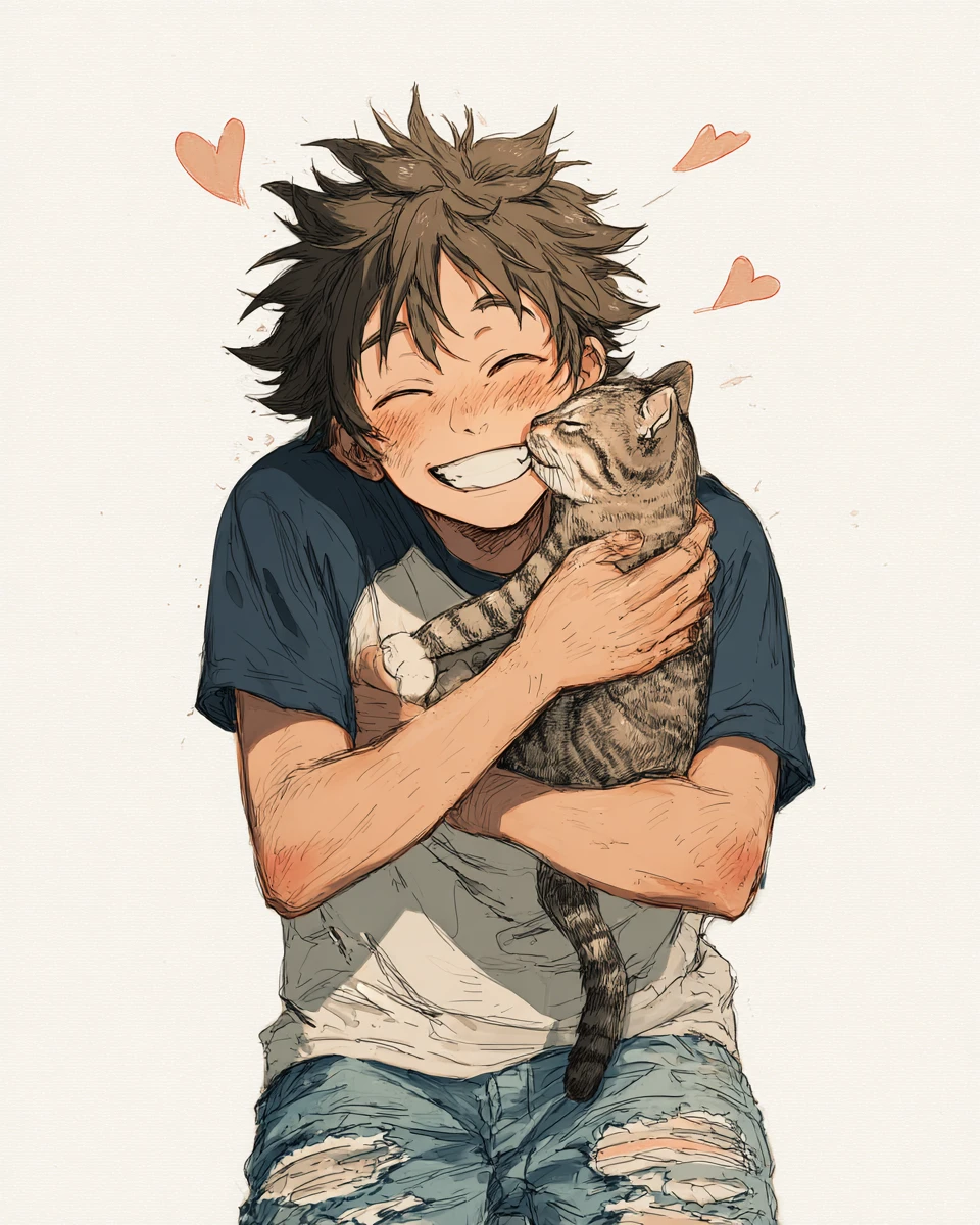 Garoto de anime alegre abraçando um gato malhado carinhoso
