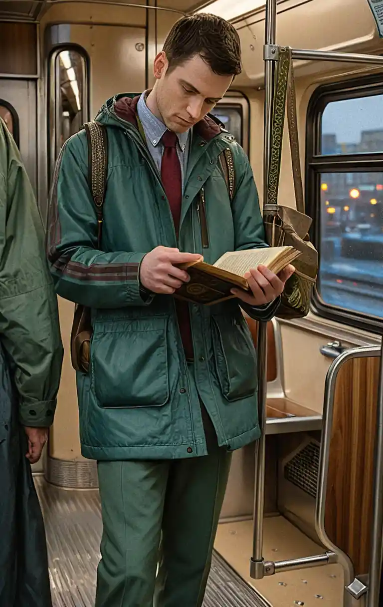 Young man reading on a vintage Boston subway car