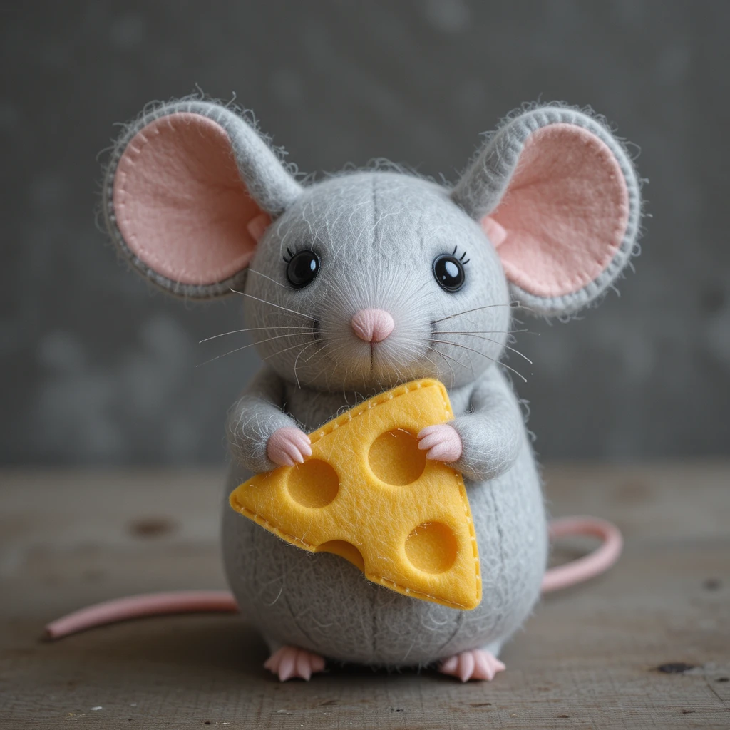 Dolce topolino di feltro che abbraccia una fetta di formaggio giallo