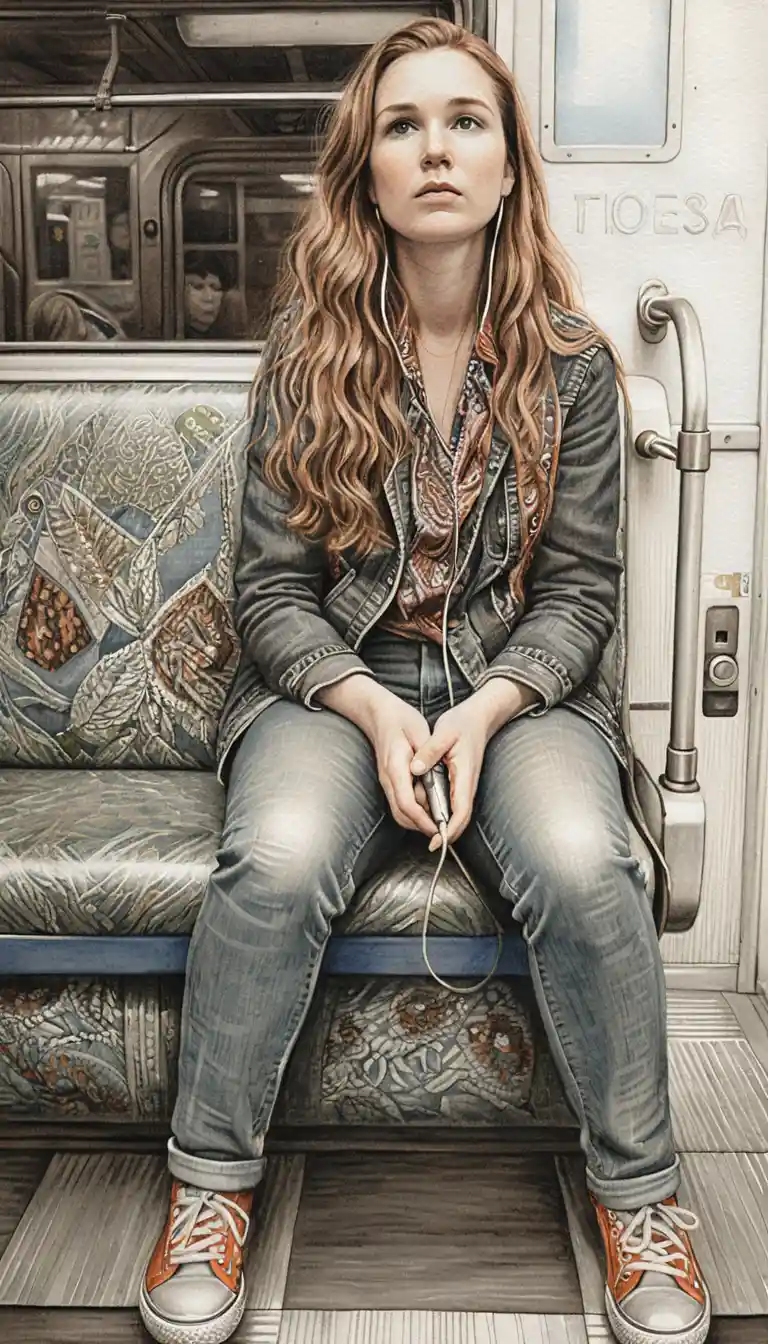 Young woman with copper hair on a quiet subway
