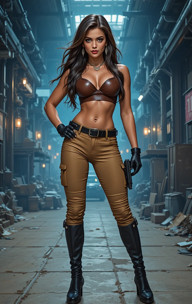 Confident woman posing in leather top and cargo pants