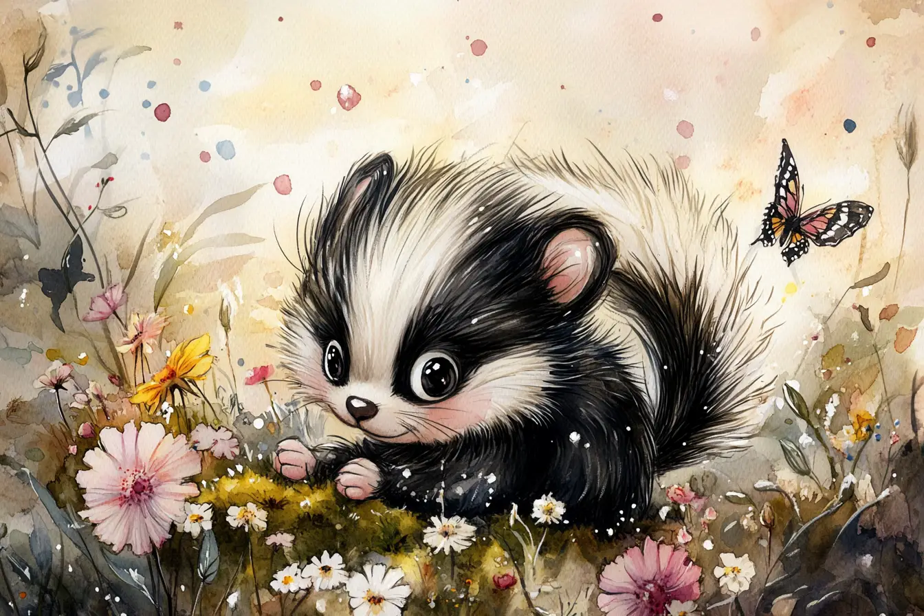 Filhote de gambá gordinho em campo de flores silvestres em aquarela