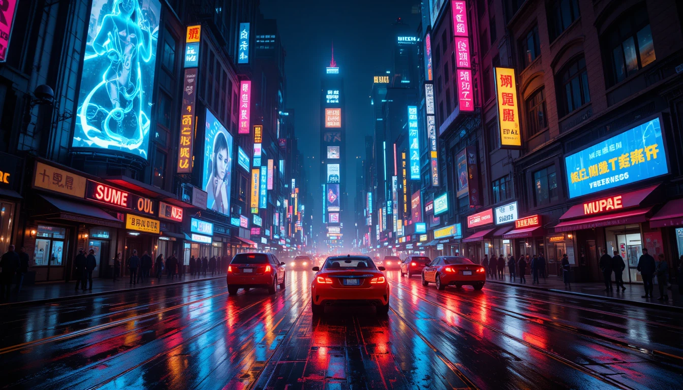 Ciudad cyberpunk neón con coches voladores y calles lluviosas