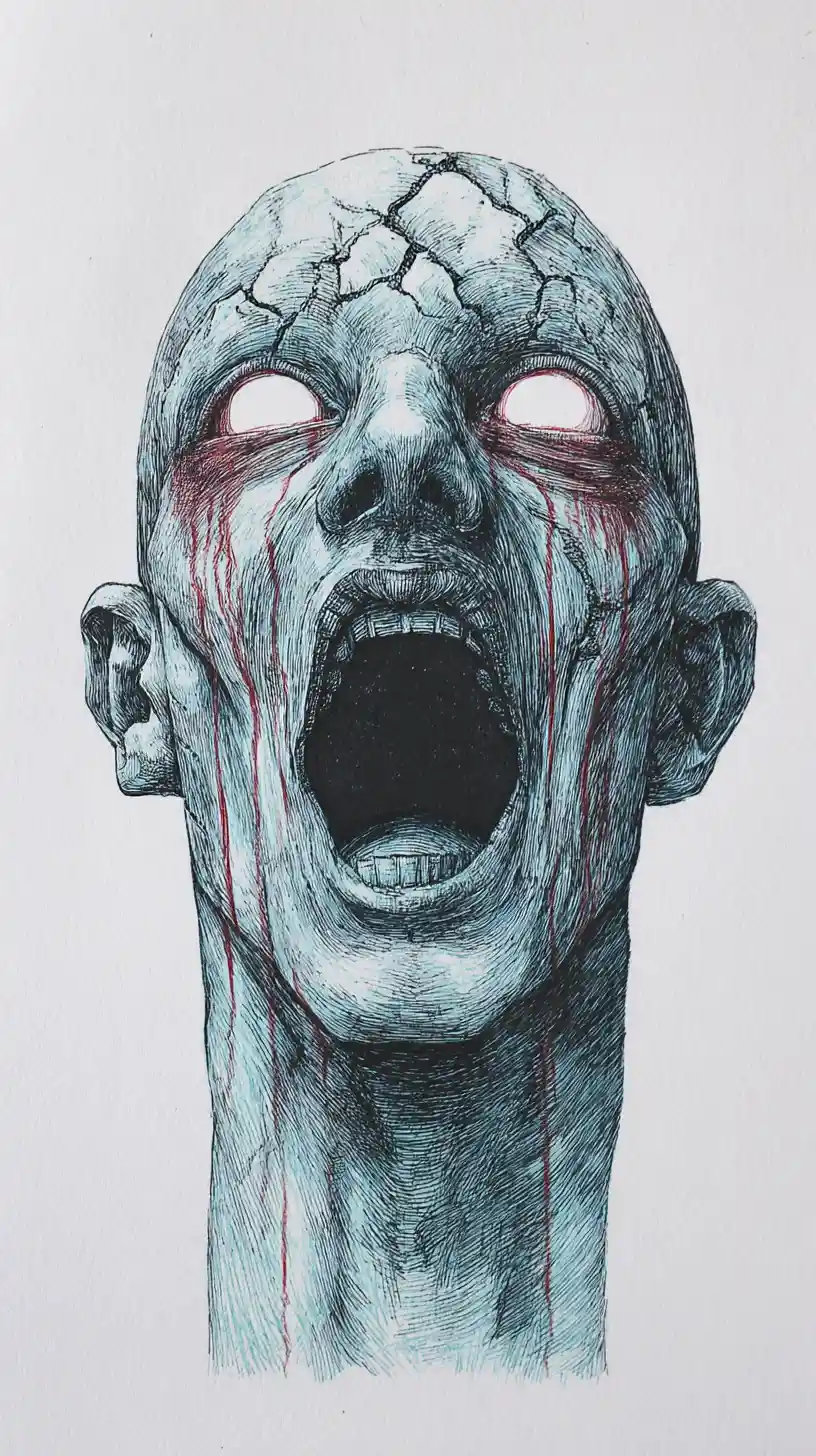 Screaming flayed skull ink drawing with bleeding eyes