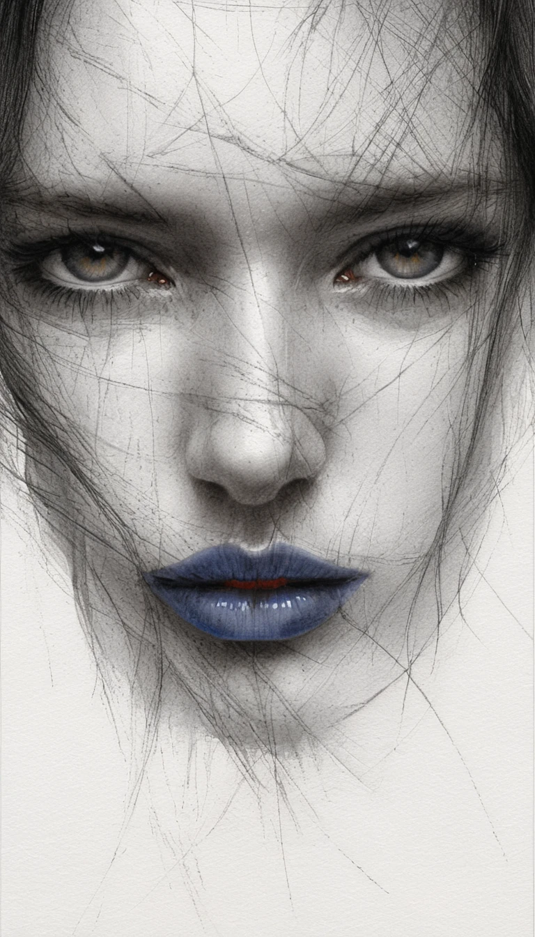 Selective color pencil portrait of a woman’s tilted face