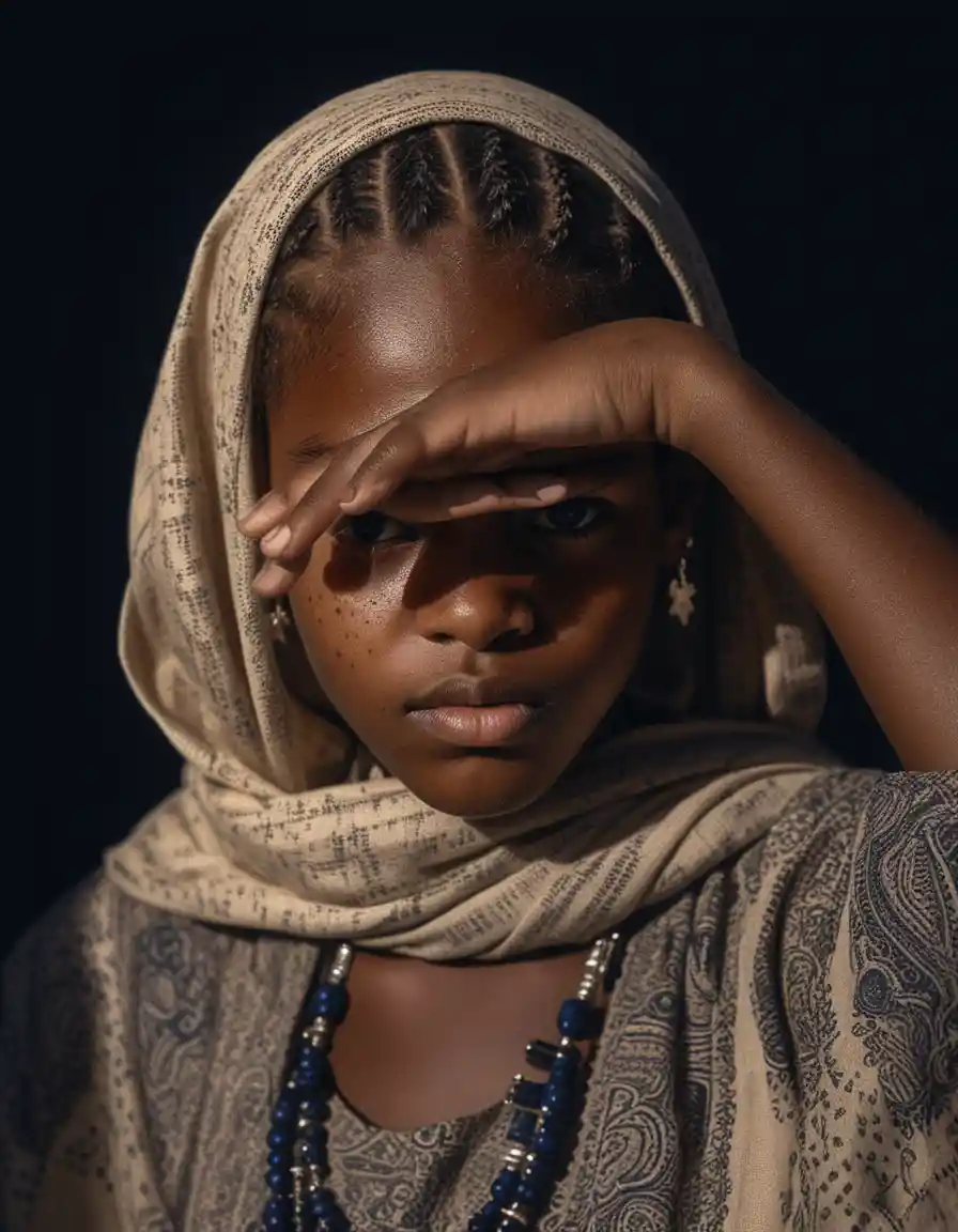 Young African girl portrait in harsh sunlight and shadow