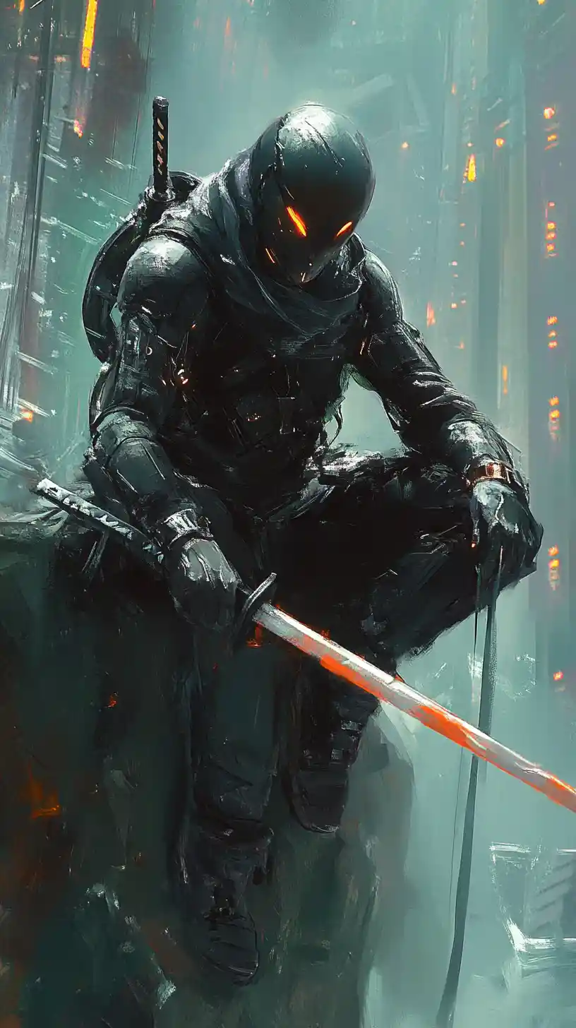 Futuristic samurai crouching on a mossy rocky ledge