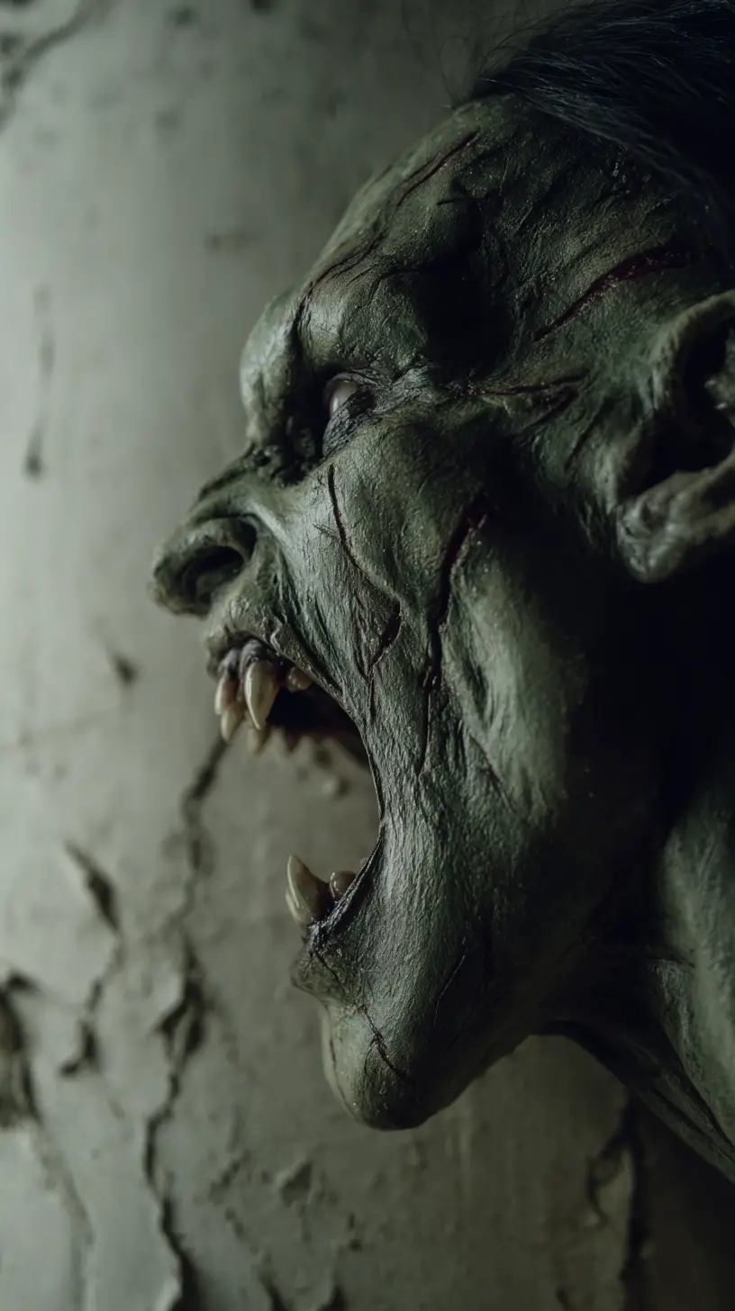 Terrifying side profile of a screaming vampire monster