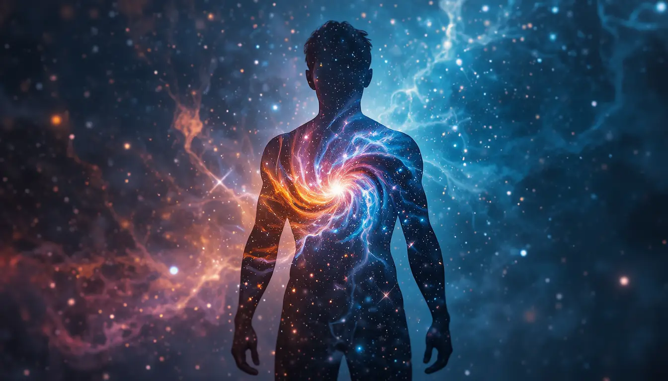 Menschliche Silhouette, gefüllt mit Sternen und wirbelnder kosmischer Nebelwolke