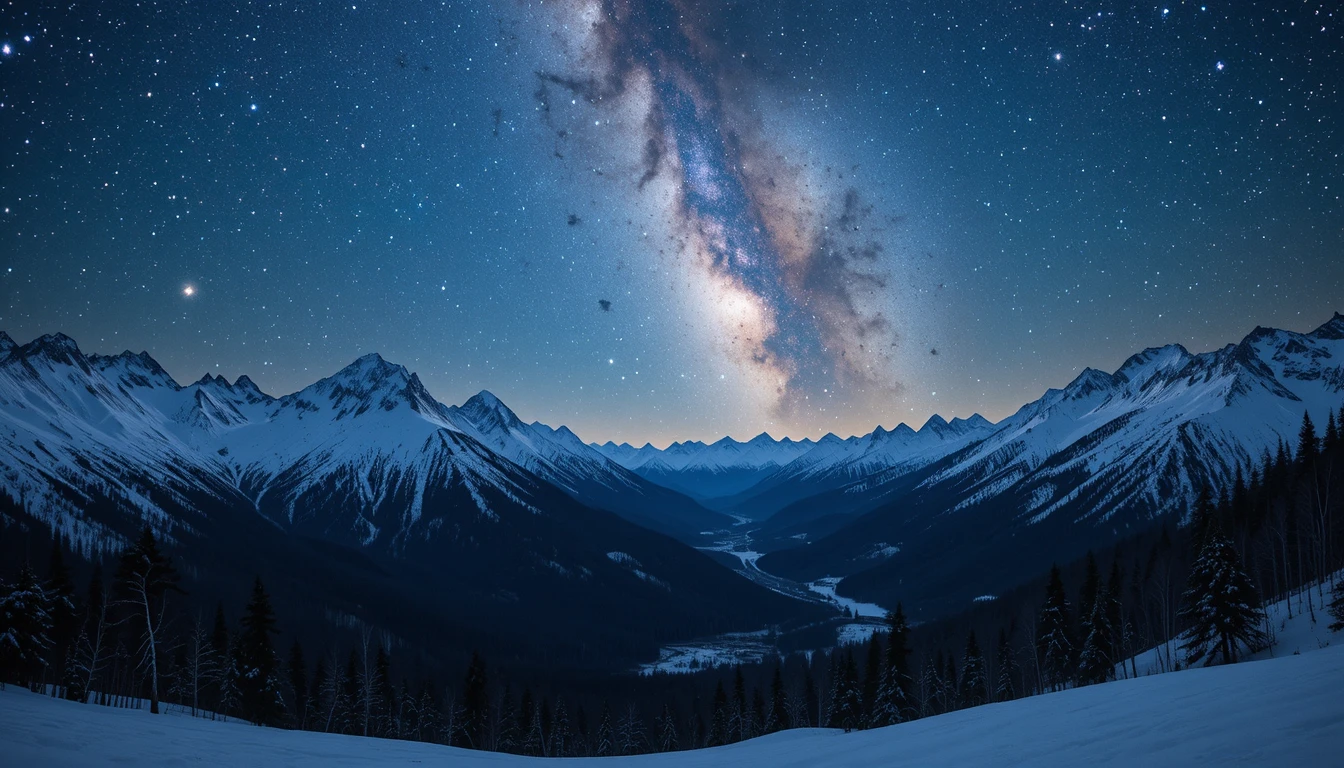 Sommets de montagnes enneigées sous un ciel lumineux et étoilé de la Voie lactée