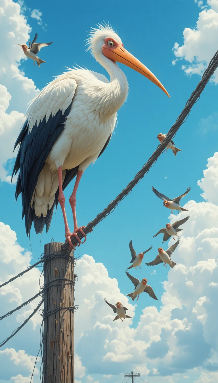 Cigogne géante pliant une ligne électrique tandis que des moineaux glissent vers elle