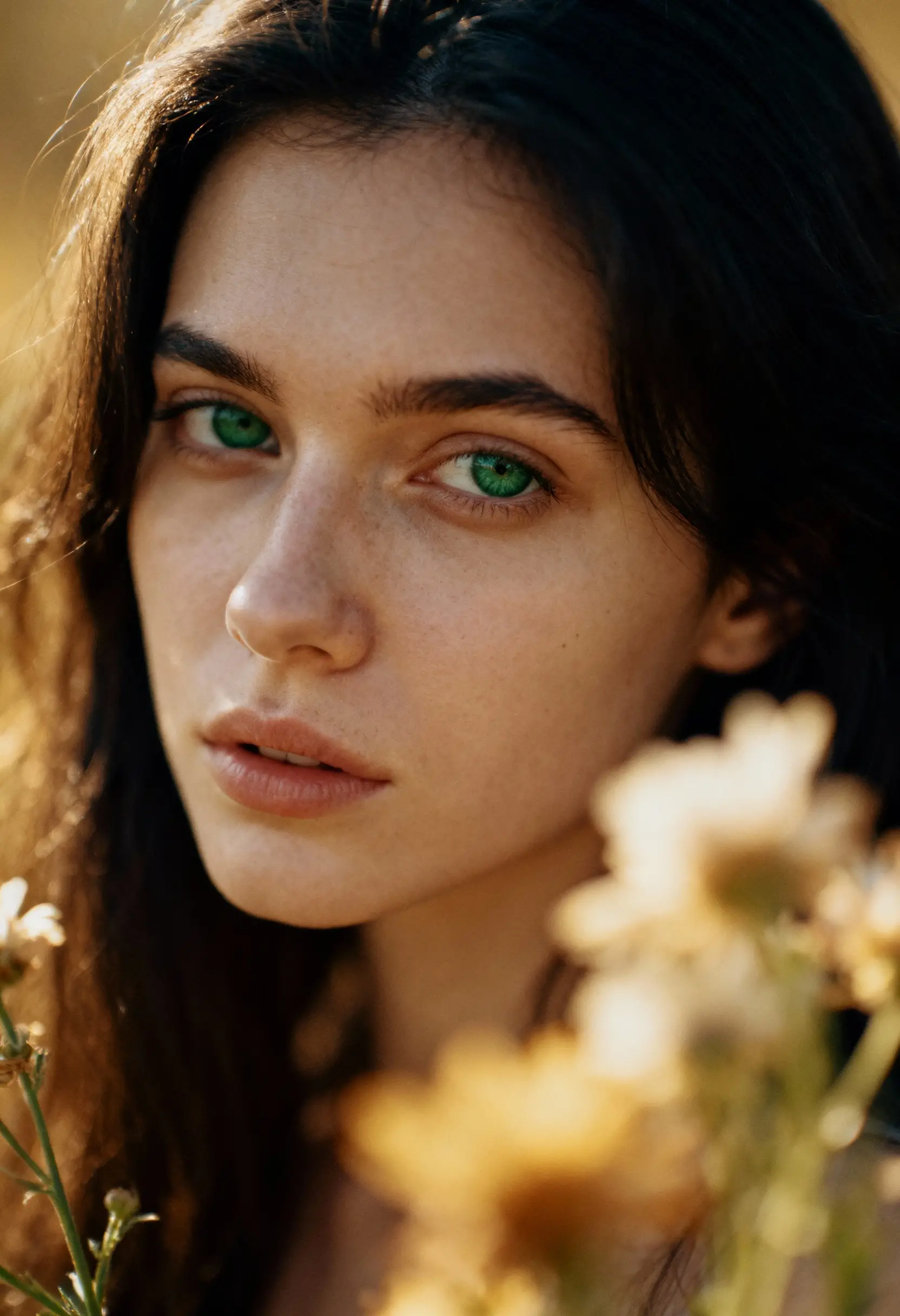 Young woman portrait with green eyes and soft flowers