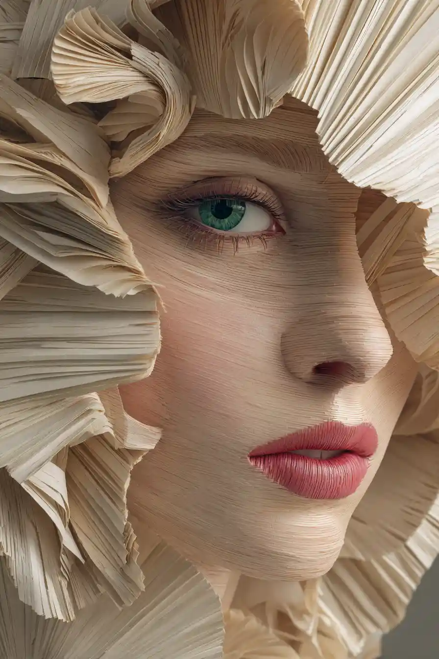 Surreal paper layered portrait of a woman in soft light