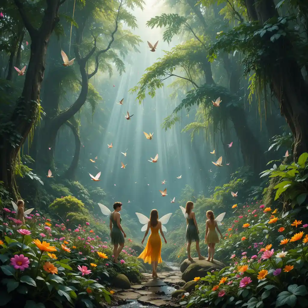 Fairies Gathering In A Lush Rainforest Filled With Flowers