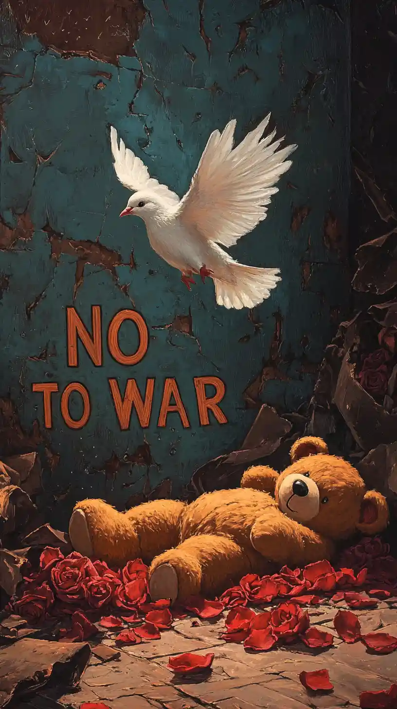 White dove over teddy bear with no to war graffiti