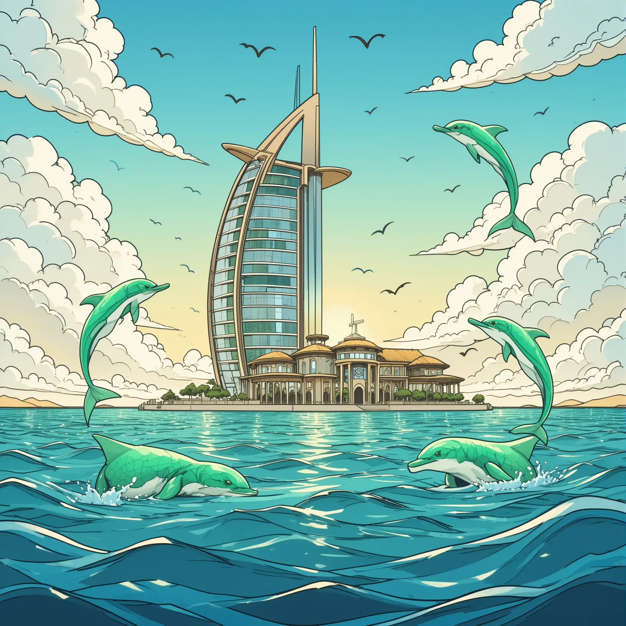 Floating tooth palace over the sea with emerald dolphins