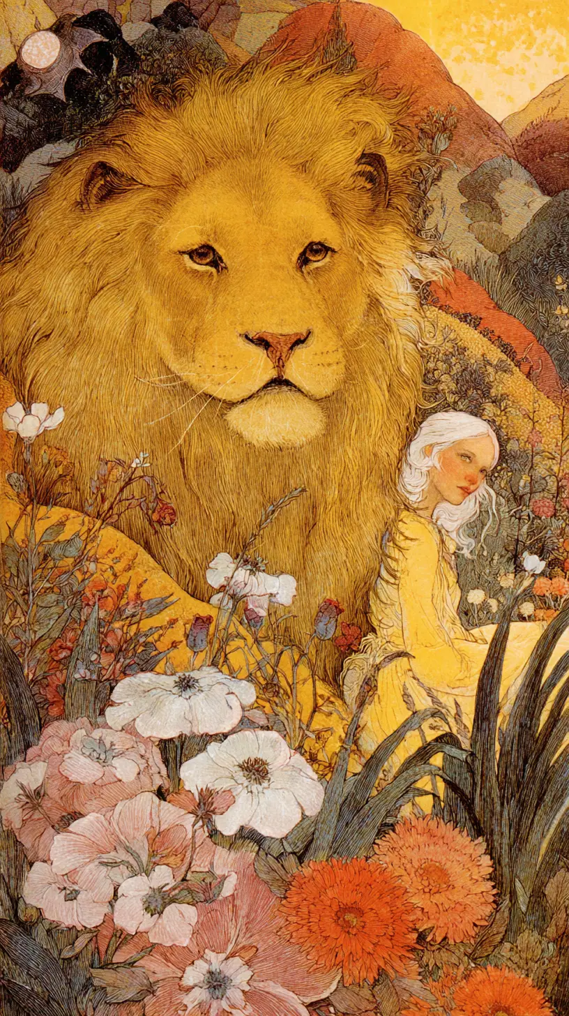 Lion of fire and earth witch in joyful landscape