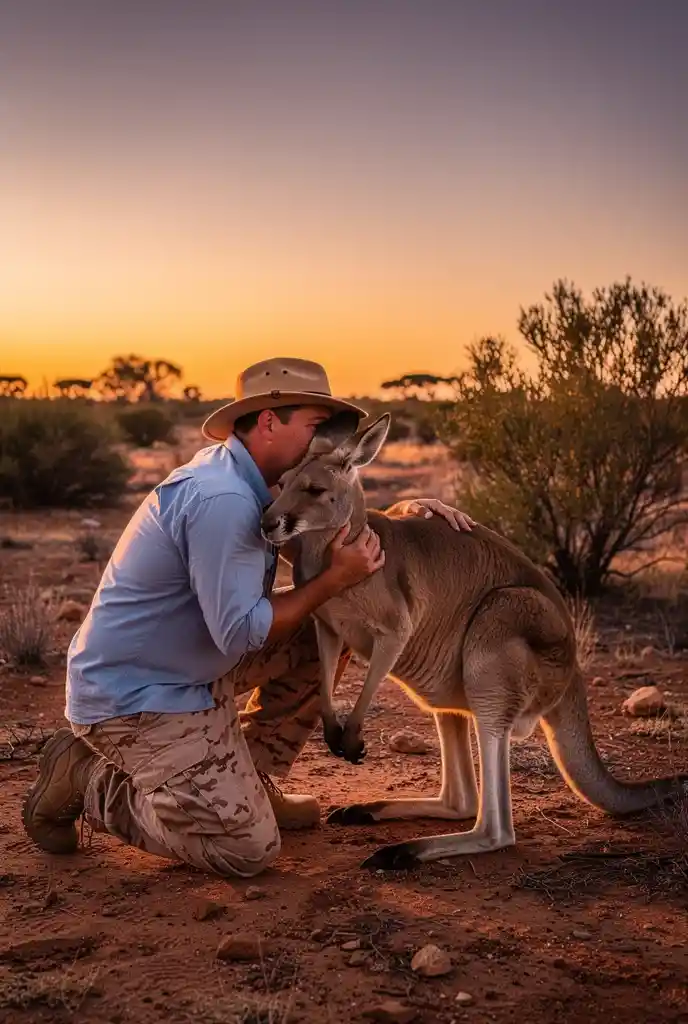 Man hugging a calm kangaroo at sunset in the outback