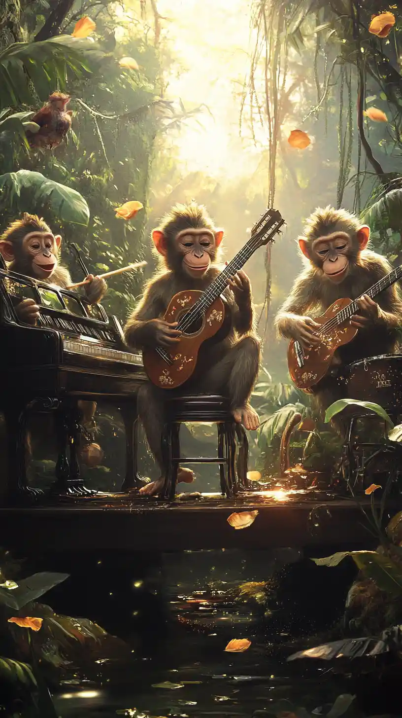 Three monkeys playing instruments in a jungle concert scene