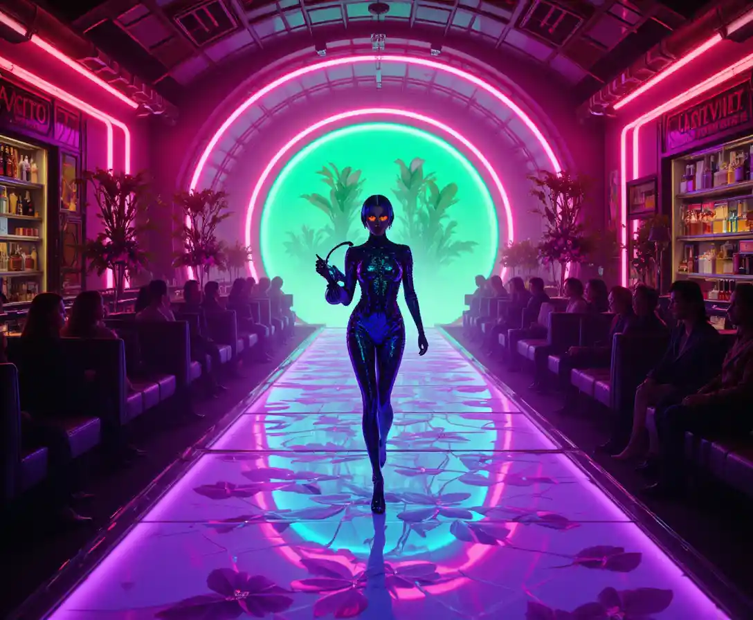 Retro-Sci-Fi-Boutique-Laufsteg mit dramatischem Heterochromie-Model