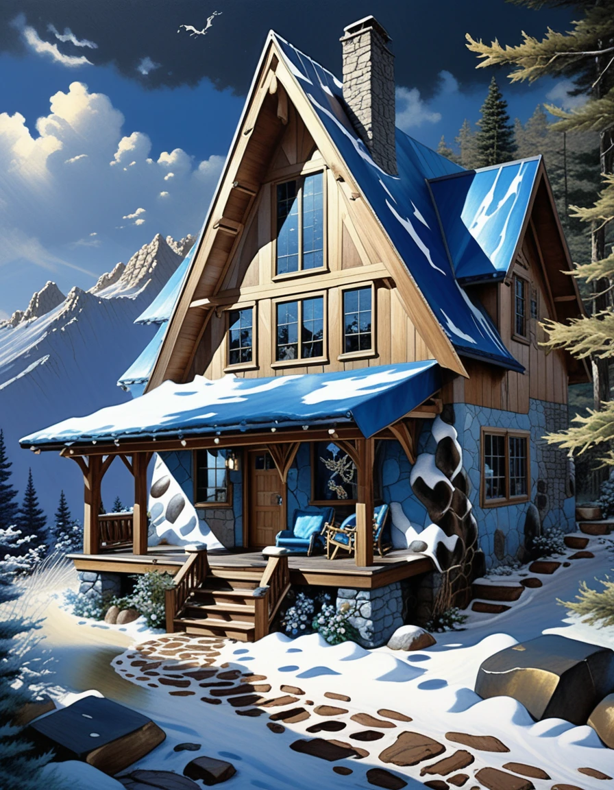 Luxuriöse Berghütte mit blau leuchtendem Innenraum