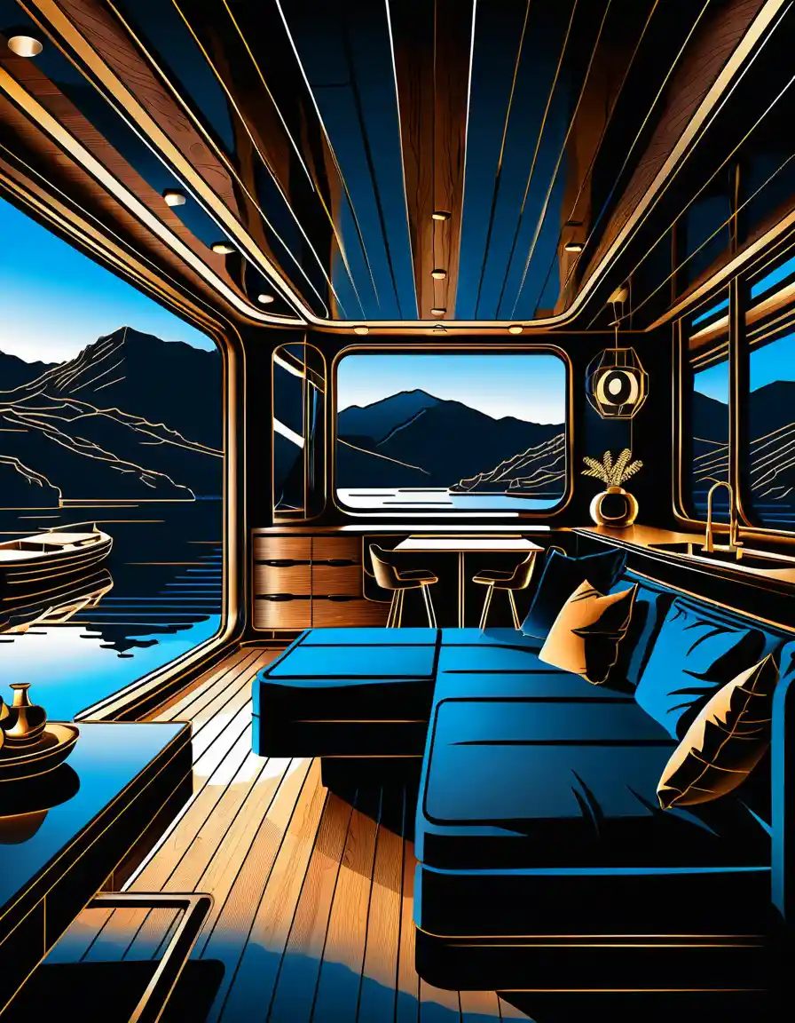 Dark luxury houseboat interior glowing against a mountain backdrop