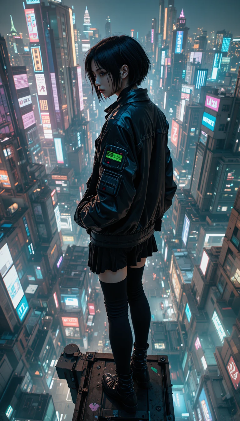 Gothic-Mädchen auf einem hohen Steg über einer neonfarbenen Cyberpunk-Stadt