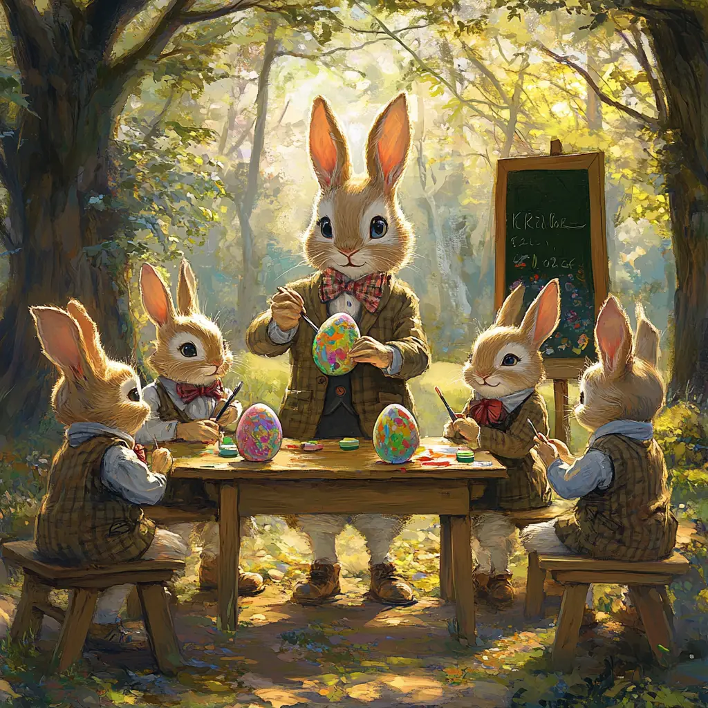 Easter rabbit school painting colorful eggs in forest