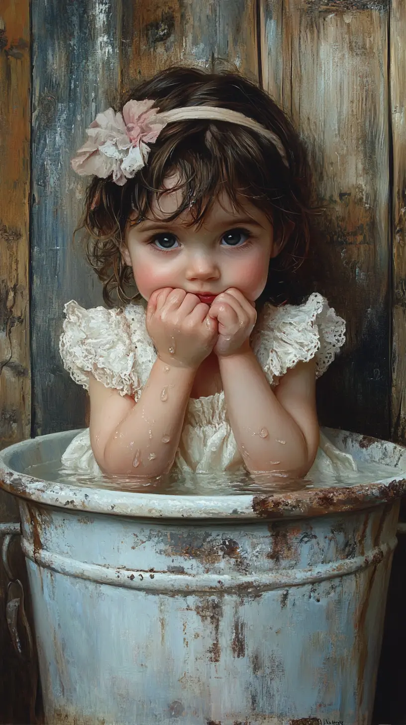 Bambina che riposa il mento in una vasca d’acqua vintage