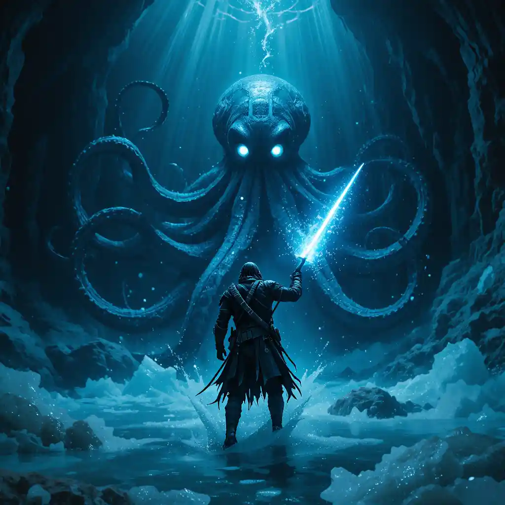 Underwater warrior confronts giant octopus beneath frozen ice