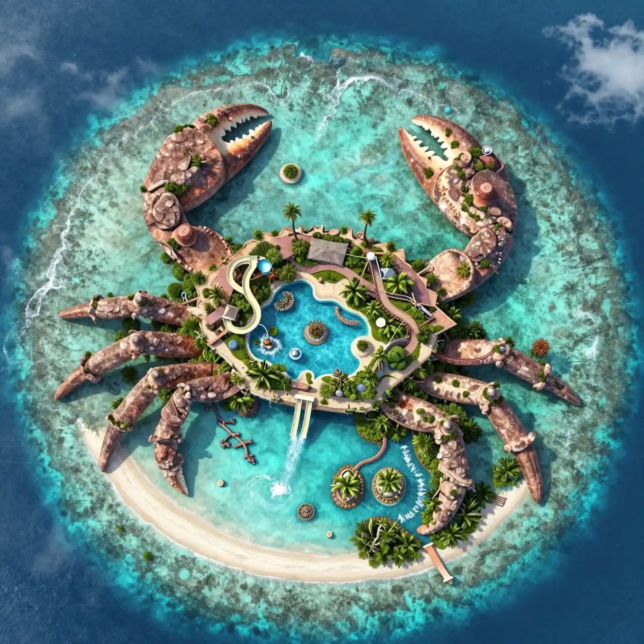 Top down view of a tropical crab shaped coral atoll