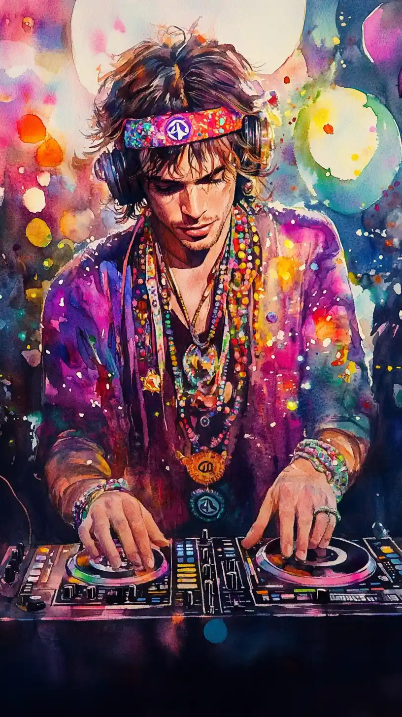 DJ in stile hippie sotto vivaci luci da festa disco