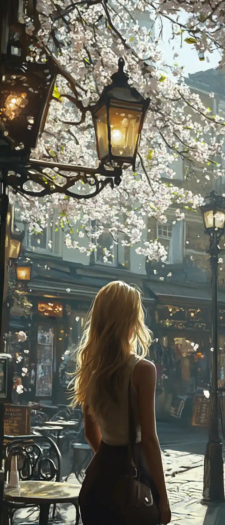 Young blonde woman by a blossoming tree in London