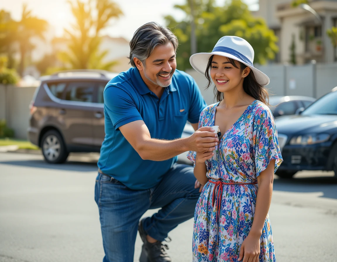 Man helping young woman on sunny urban parking lot