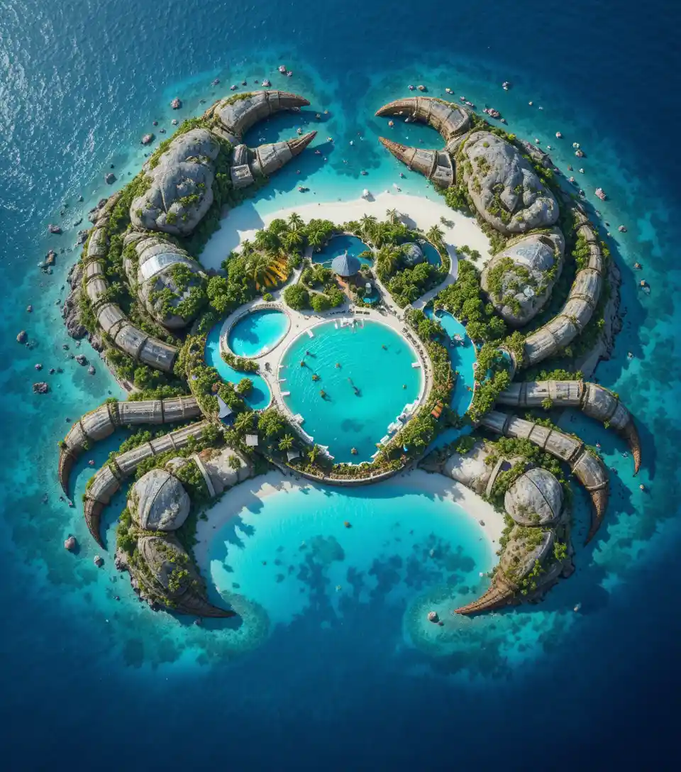 Aerial View Of Tropical Crab Shaped Atoll Water Park