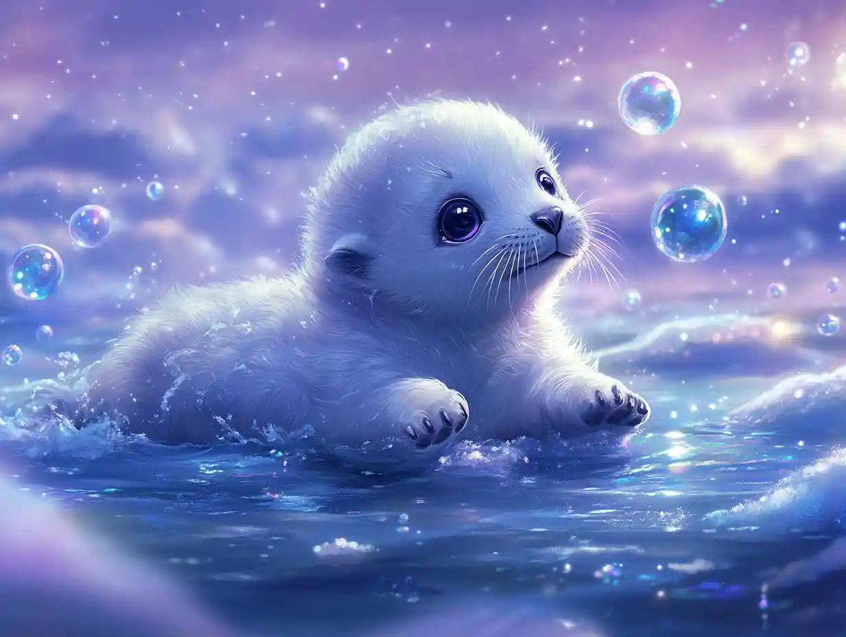Cute baby seal sliding on ice with magical bubbles