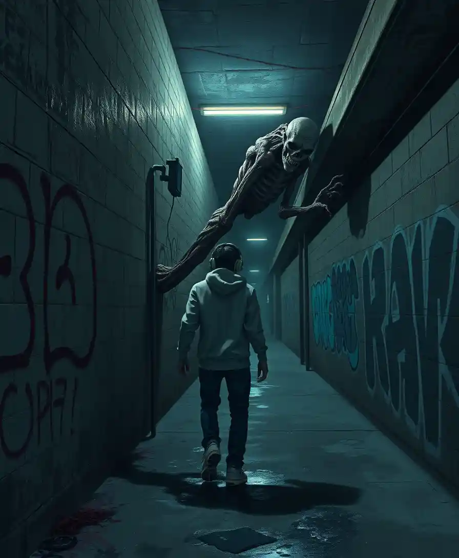 Monster Emerging Behind Teenager In Dark Urban Underpass