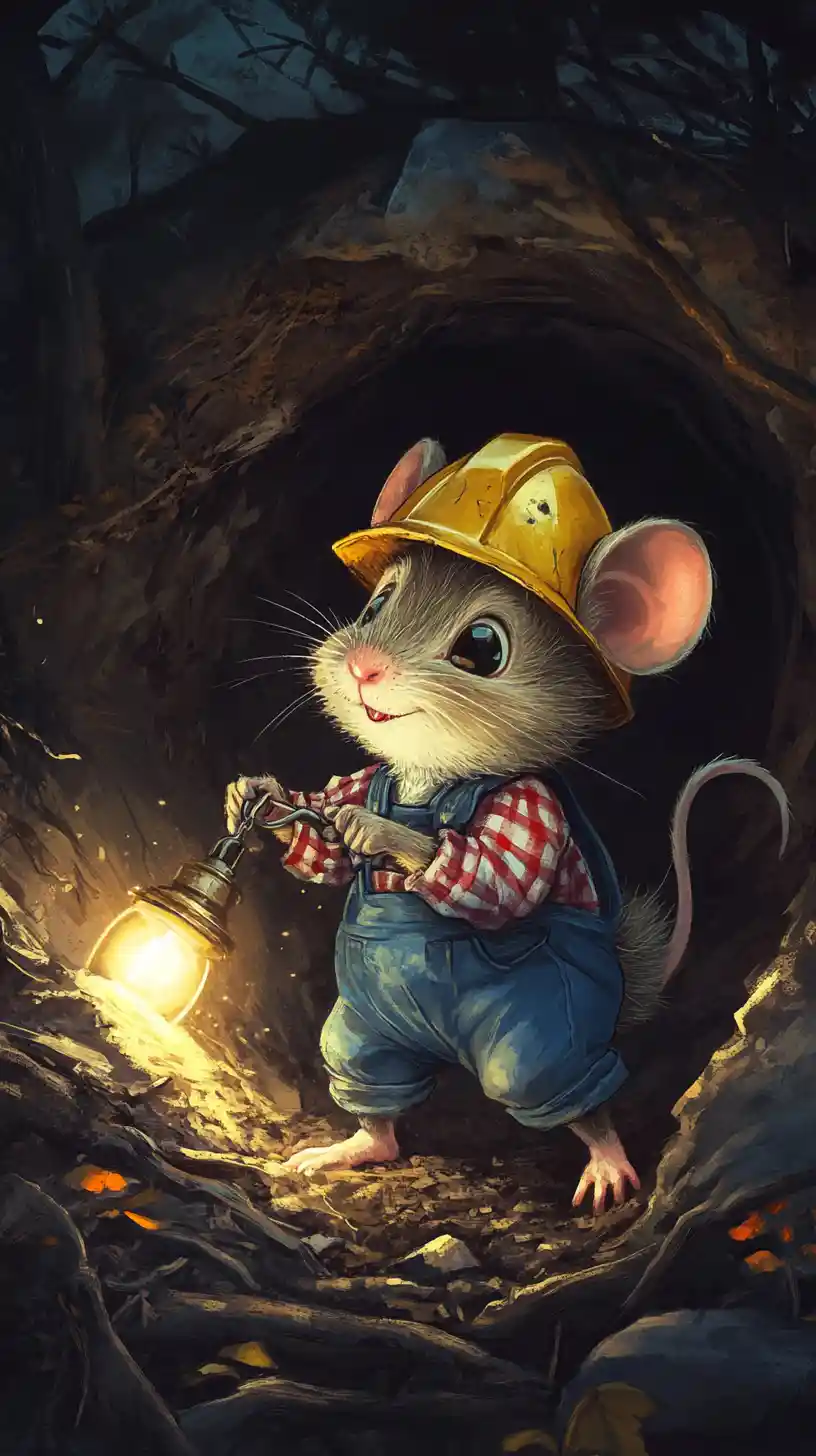 Cute Miner Mouse Digging In A Glowing Underground Tunnel