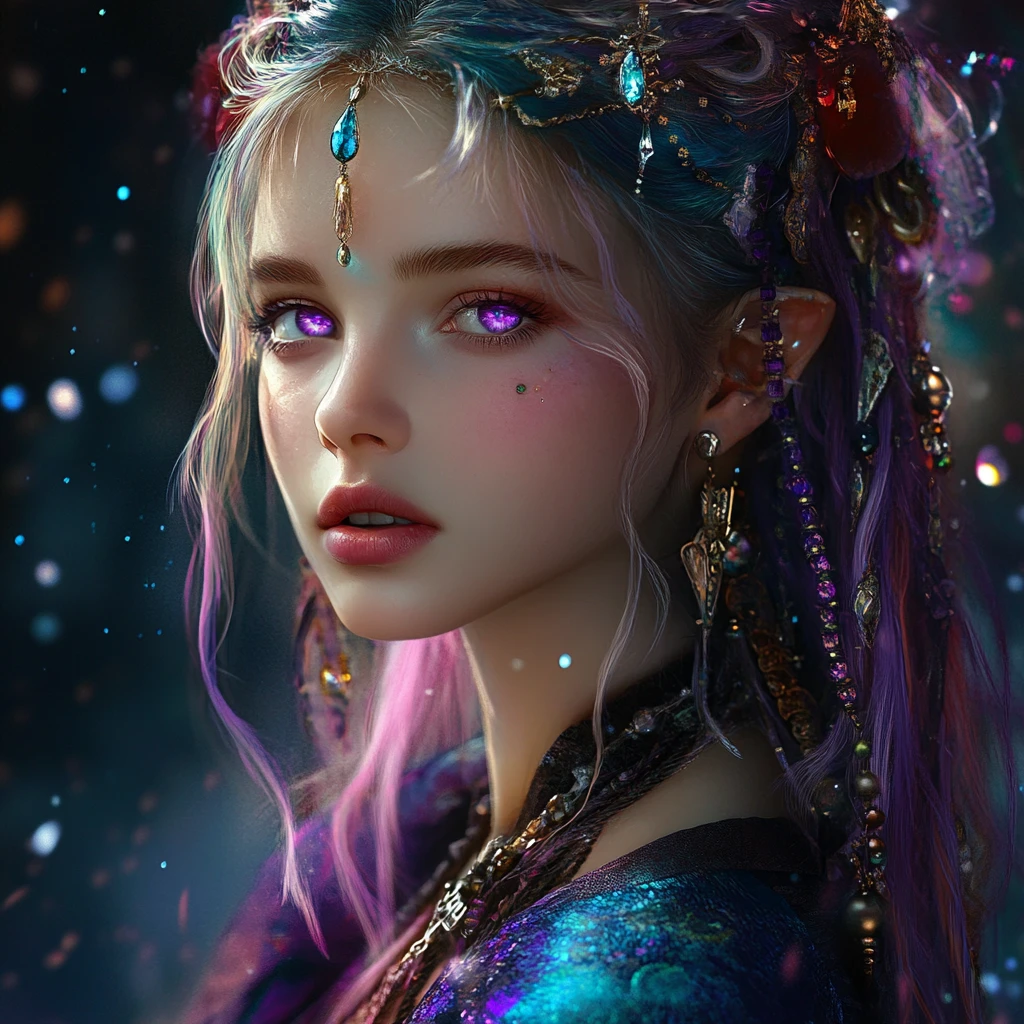 Dark fantasy sorceress with violet eyes and flowing robes