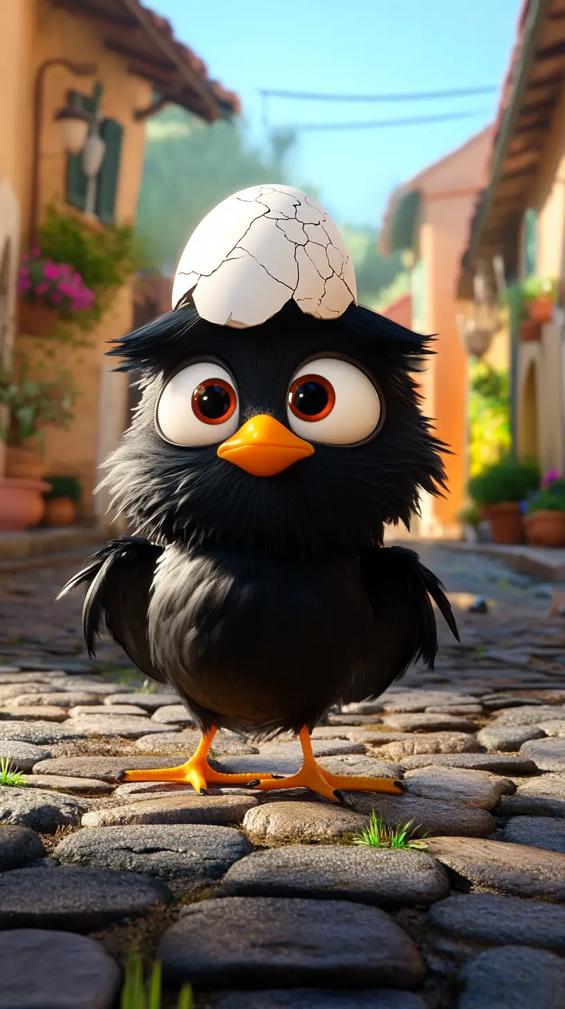 Little cartoon chick on a sunny cobblestone street