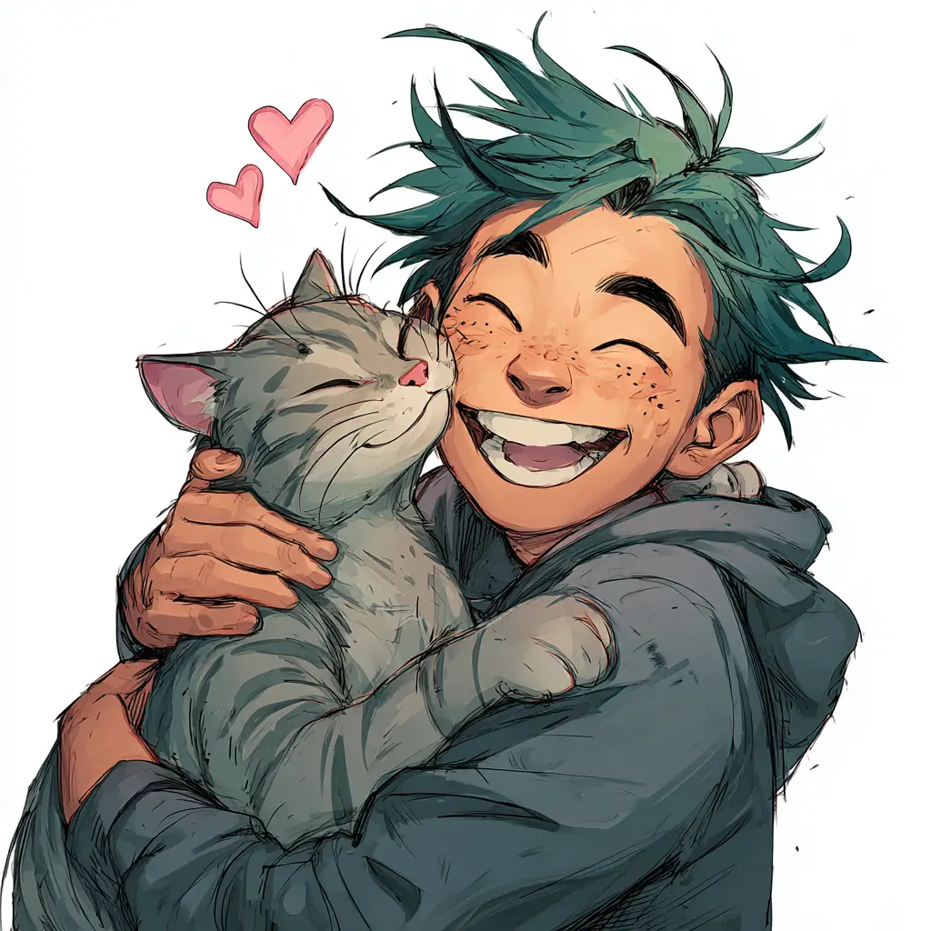 Happy boy hugging a lilac gray tabby cat