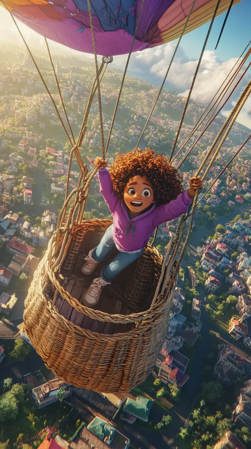 Niña aterrorizada colgando de un globo aerostático sobre la ciudad