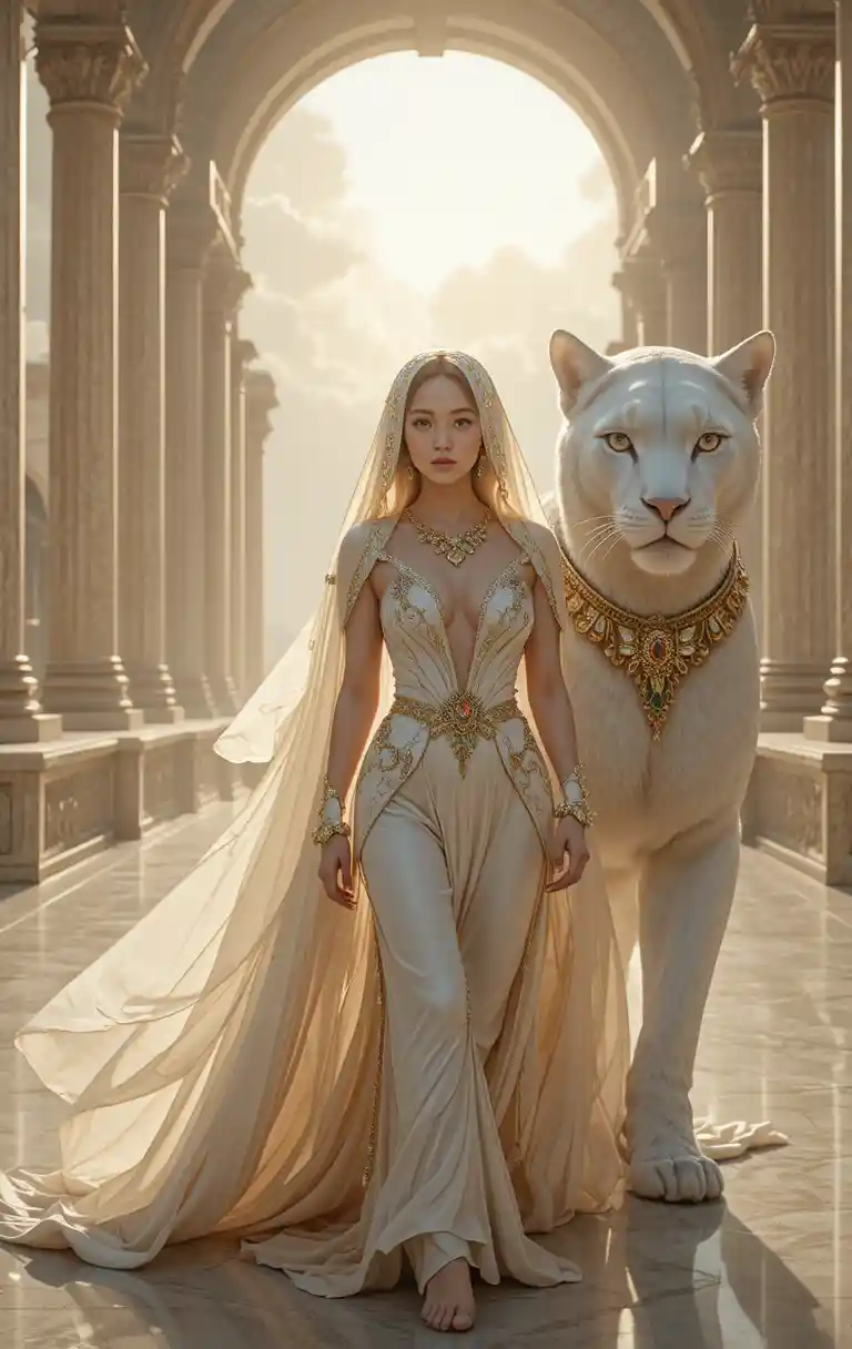 Mujer etérea caminando junto a un puma blanco en un palacio celestial