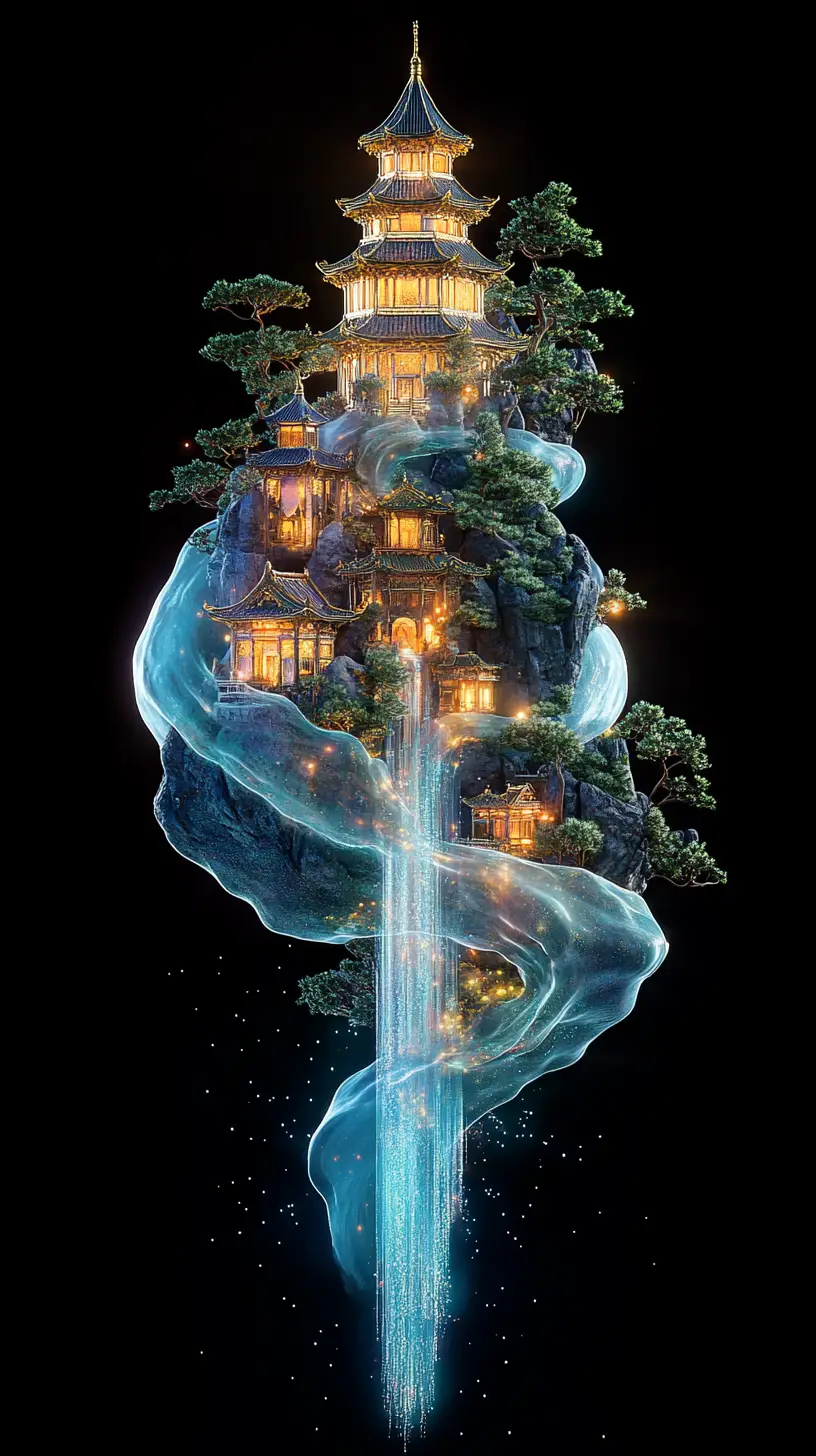 Glowing Silk Scroll Transforming Into Floating Mountain Village