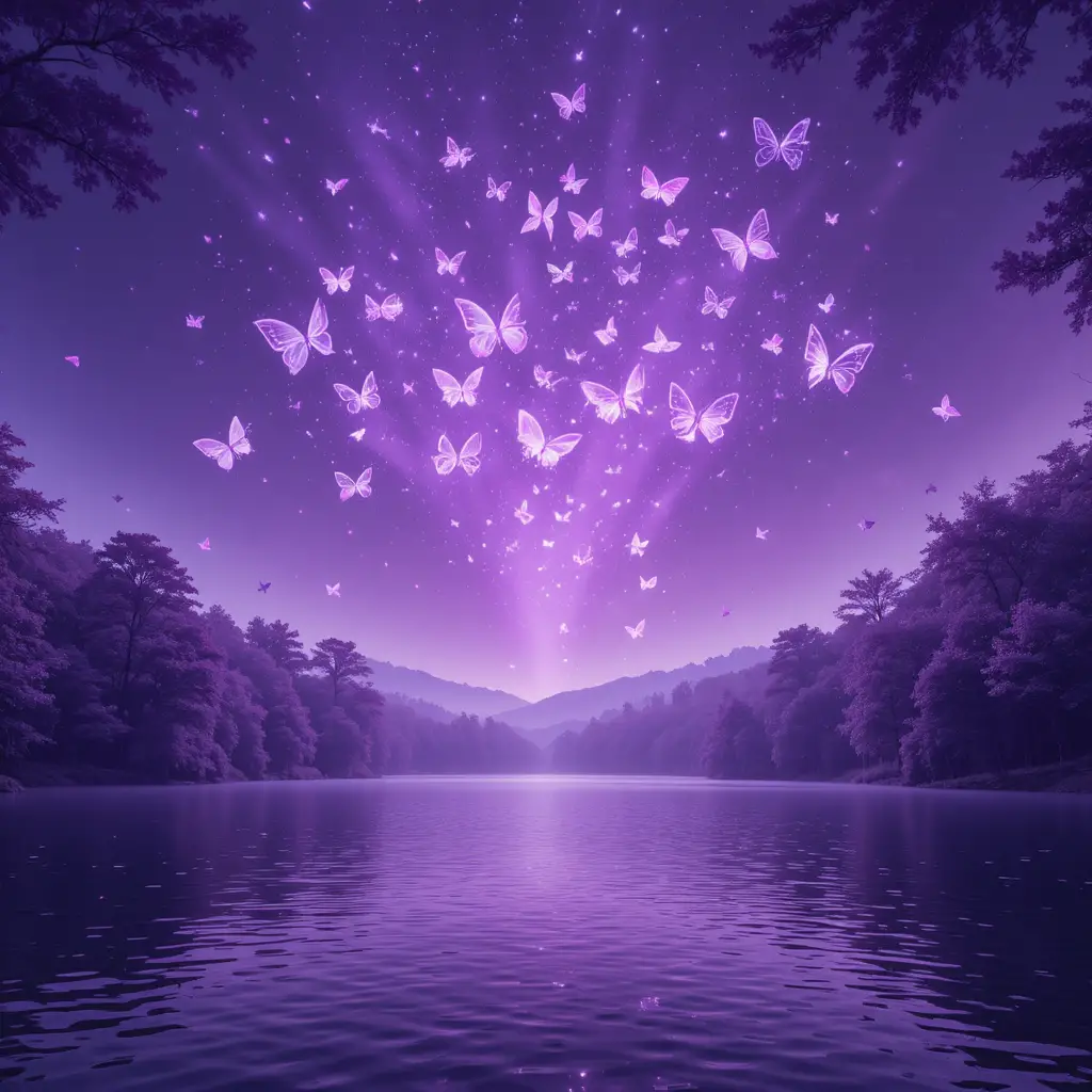 Papillons lumineux au-dessus d’un lac violet bordé d’arbres