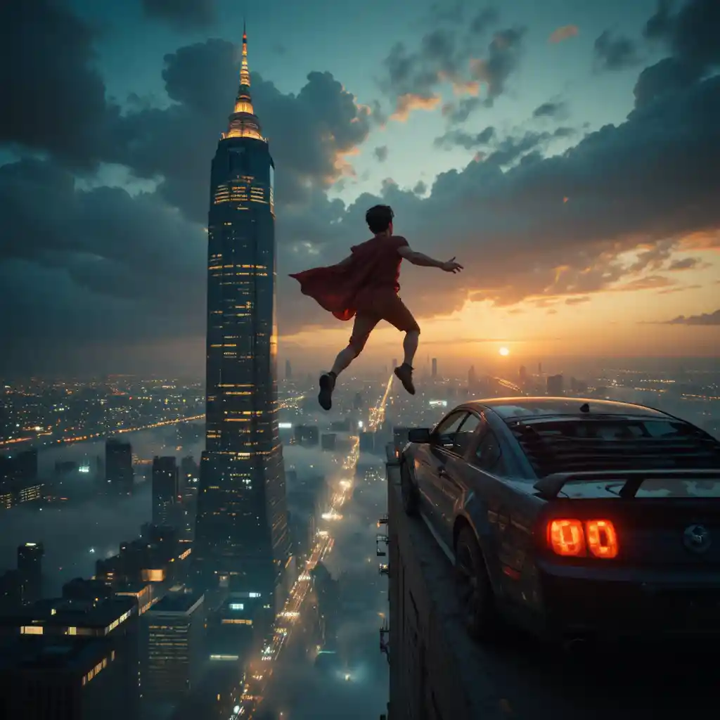 Brave boy climbing a towering city skyscraper at sunset