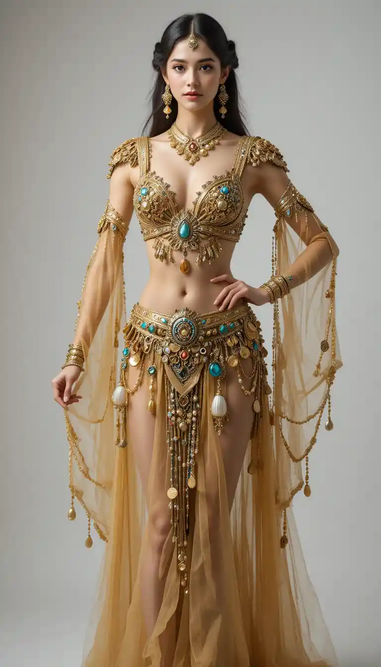 Mulher elegante com fantasia dourada de dança do ventre em estúdio branco