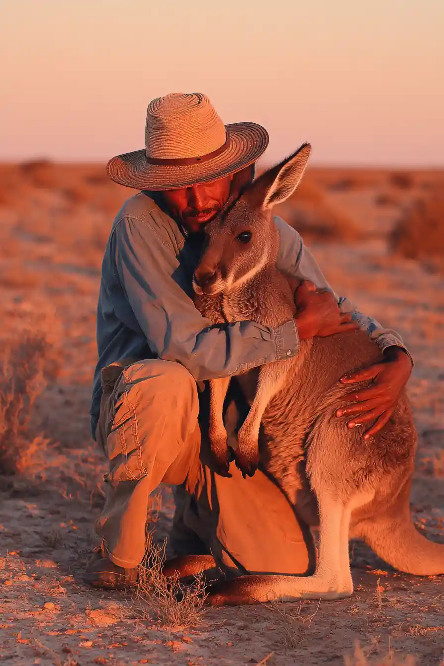 Man hugging a kangaroo at sunset in the desert