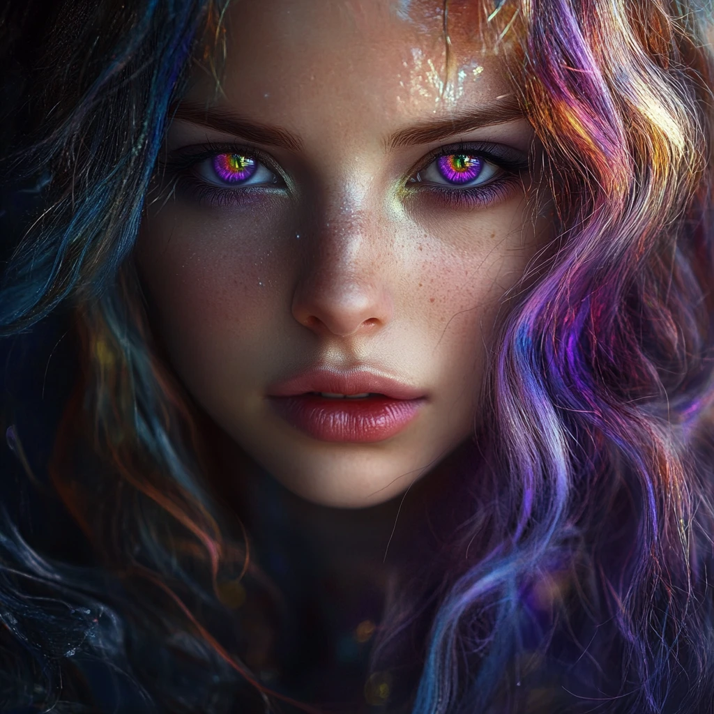 Hechicera encantadora con ojos violetas y túnicas etéreas y ondulantes