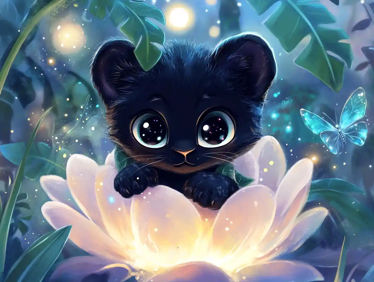 Cucciolo di pantera in un fiore incantato luminoso di notte